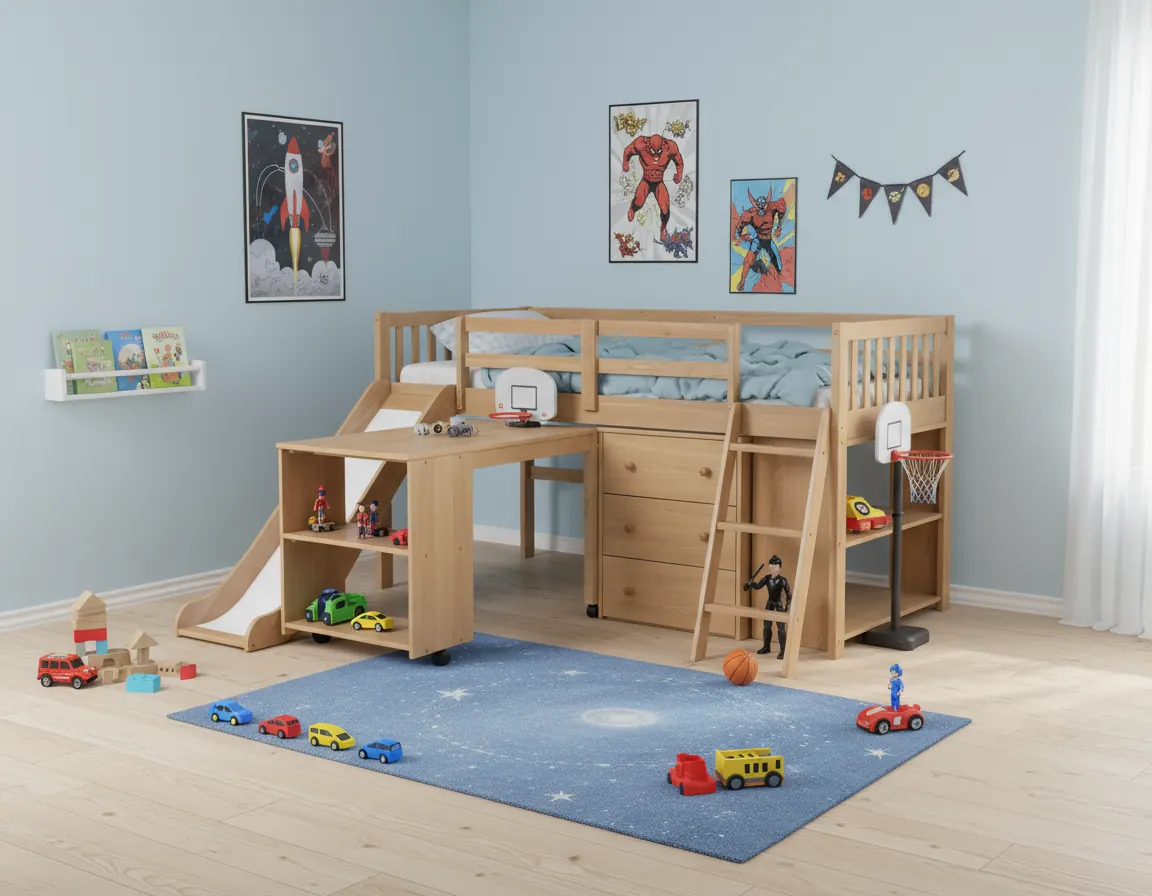 Giường tầng có cầu trượt và bàn học – ảnh 1