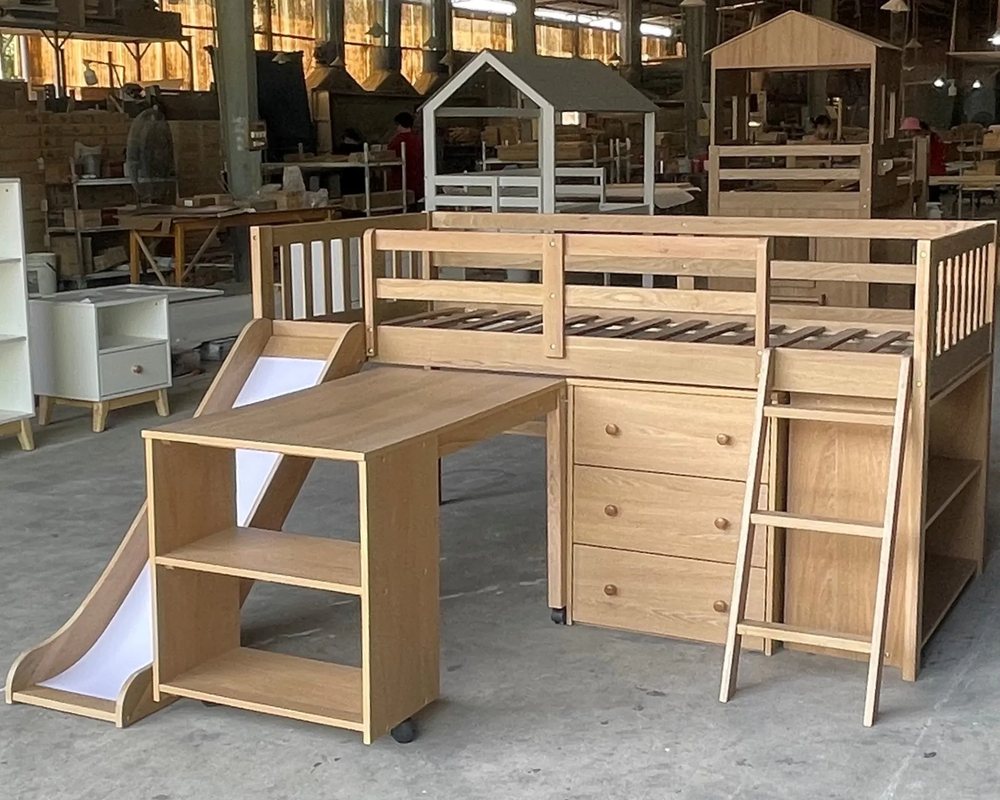 Giường loft có bàn học, ngăn kéo và cầu trượt - Giường tầng & Loft, tháo rời (KD), Nội thất Tân Phước Việt Nam