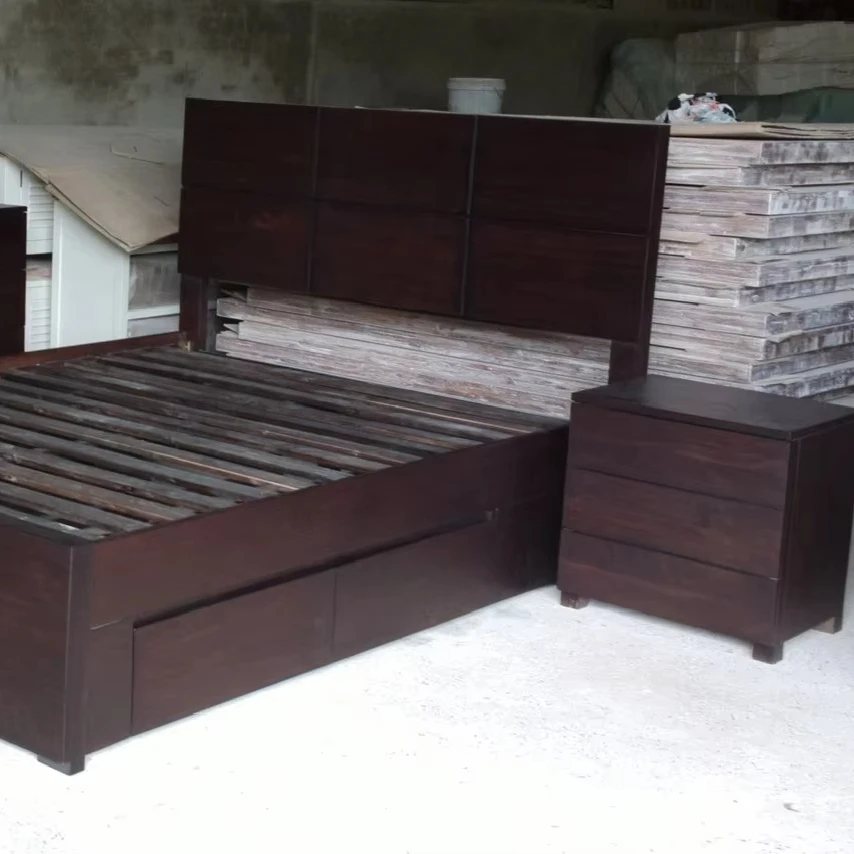 Giường gỗ tối màu có ngăn chứa đồ và bàn đầu giường - Phòng ngủ & phòng ăn, tháo rời (KD), Nội thất Tân Phước Việt Nam
