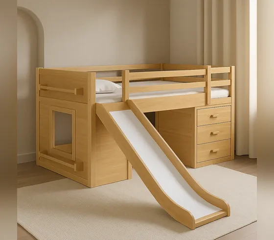 Giường loft màu tự nhiên có cầu trượt, bàn học và ngăn kéo - Giường tầng & Loft do Nội thất Tân Phước (Việt Nam) sản xuất