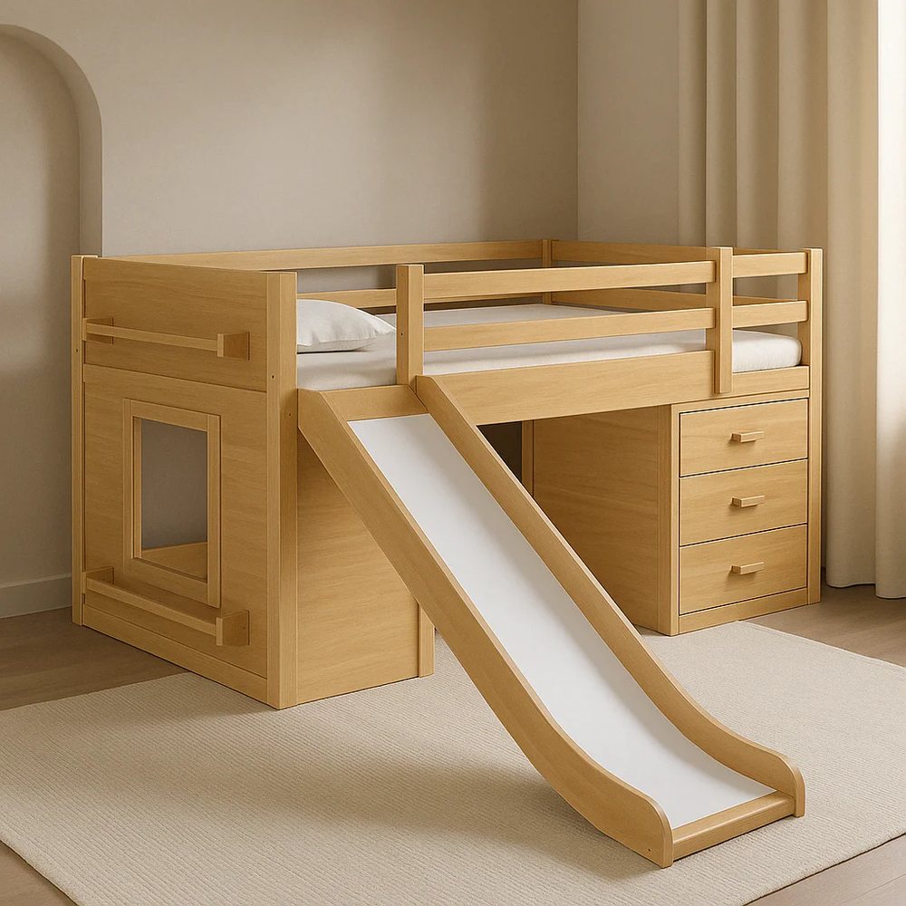 Giường loft màu tự nhiên có cầu trượt, bàn học và ngăn kéo - Giường tầng & Loft, tháo rời (KD), Nội thất Tân Phước Việt Nam