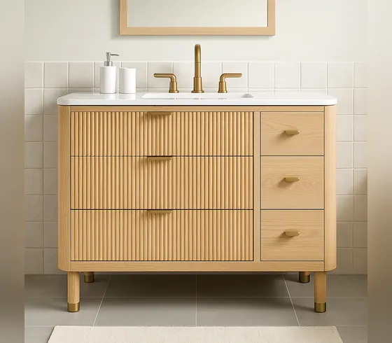 Tủ lavabo 48 inch khía rãnh gỗ sồi tự nhiên - Tủ lavabo phòng tắm do Nội thất Tân Phước (Việt Nam) sản xuất