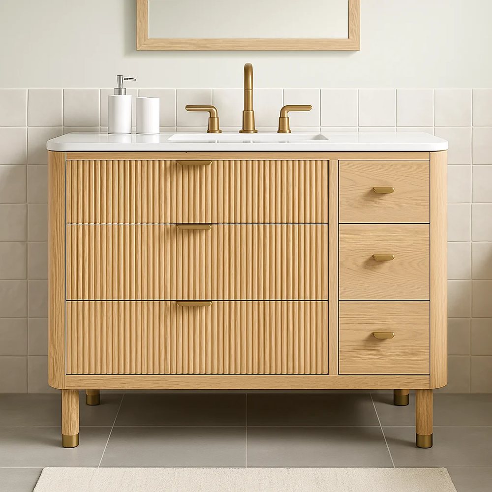 Tủ lavabo 48 inch khía rãnh gỗ sồi tự nhiên - Tủ lavabo phòng tắm, tháo rời (KD), Nội thất Tân Phước Việt Nam