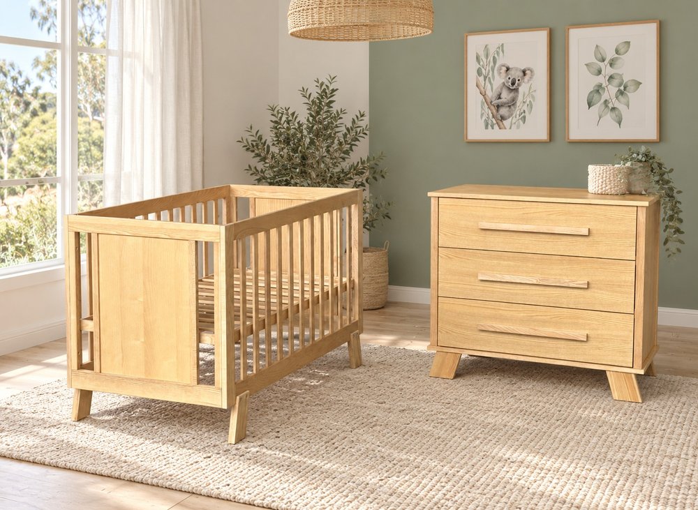 Bộ cũi và tủ 3 ngăn màu gỗ tự nhiên, chân choãi - Phòng em bé, tháo rời (KD), Nội thất Tân Phước Việt Nam