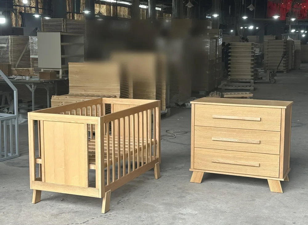 Bộ cũi và tủ 3 ngăn màu gỗ tự nhiên, chân choãi - góc 2