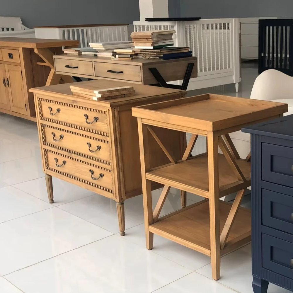 Tủ đầu giường mộc mạc và bàn phụ chân chữ X - Tủ đầu giường, tháo rời (KD), Nội thất Tân Phước Việt Nam