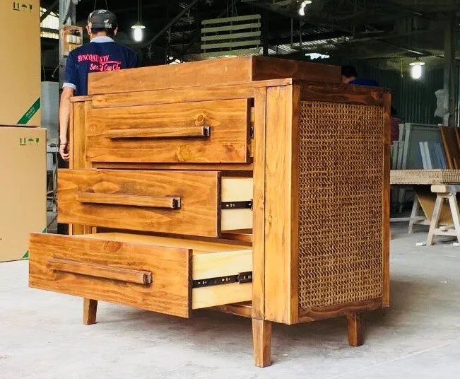 Tủ ngăn kéo gỗ mộc mạc có tấm mây bên hông - Tủ ngăn kéo & lưu trữ, tháo rời (KD), Nội thất Tân Phước Việt Nam