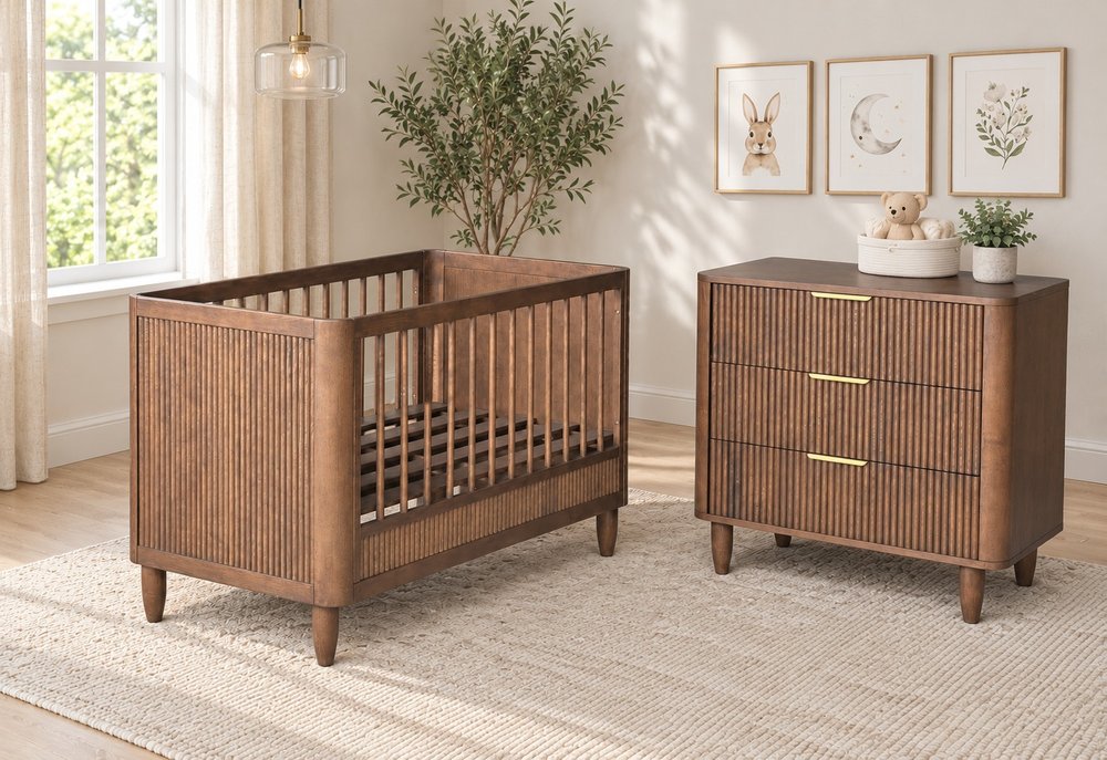 Bộ cũi và tủ 3 ngăn màu óc chó, mặt gân sọc - Phòng em bé, tháo rời (KD), Nội thất Tân Phước Việt Nam