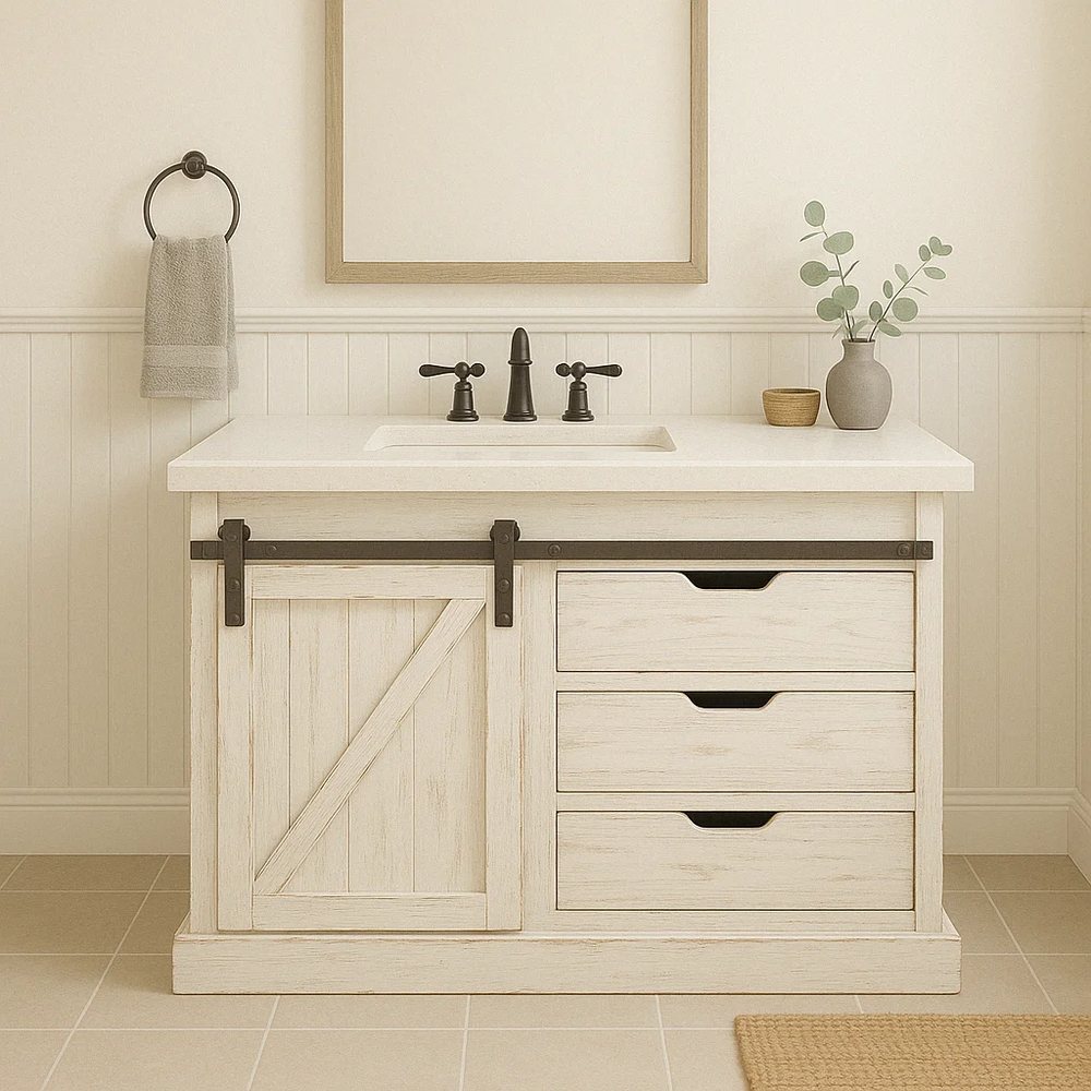 Tủ lavabo 48 inch cánh trượt kiểu cửa kho màu trắng - Tủ lavabo phòng tắm, tháo rời (KD), Nội thất Tân Phước Việt Nam
