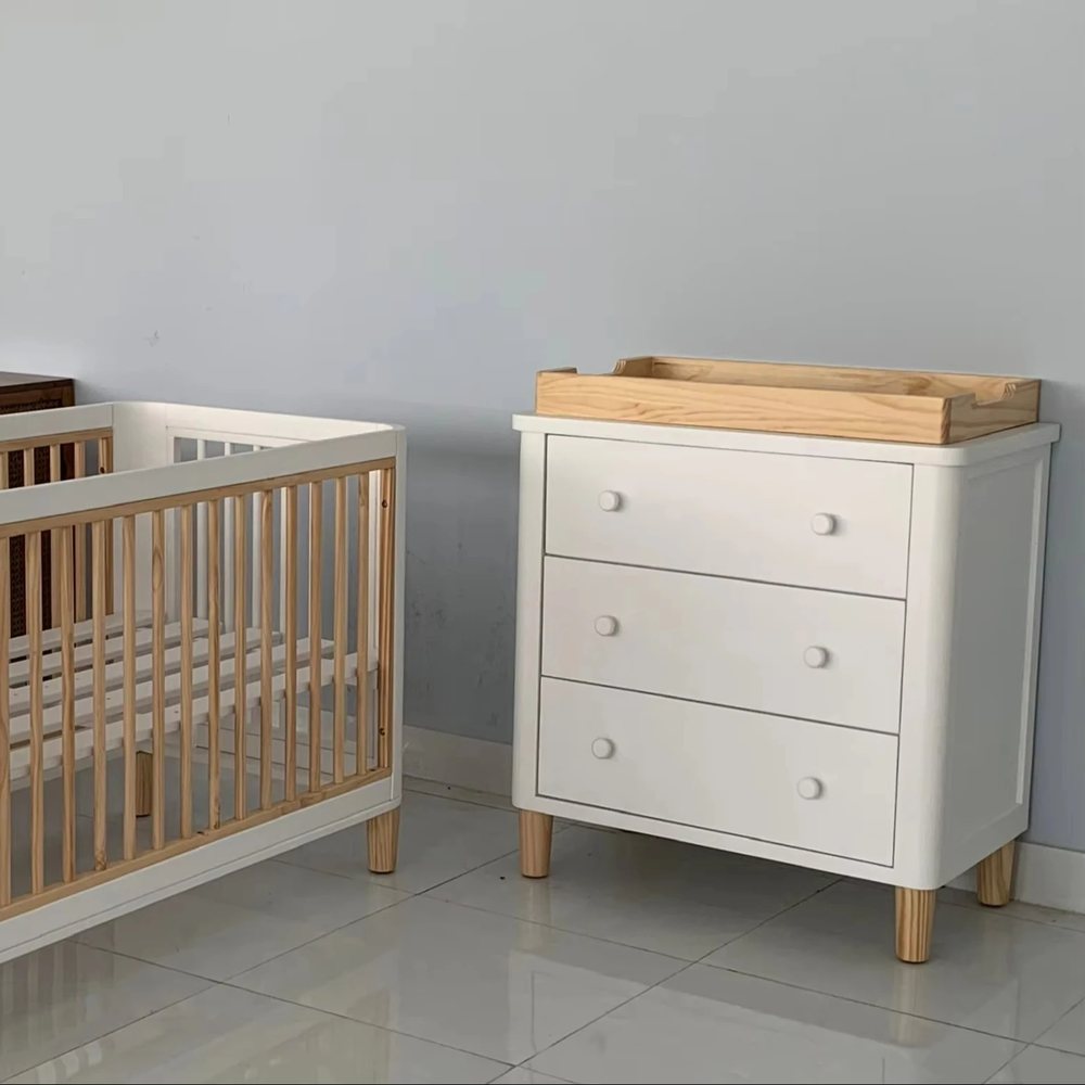 Bộ phòng em bé trắng: cũi và tủ thay tã 3 ngăn kéo - Bàn thay tã & bộ phòng em bé, tháo rời (KD), Nội thất Tân Phước Việt Nam