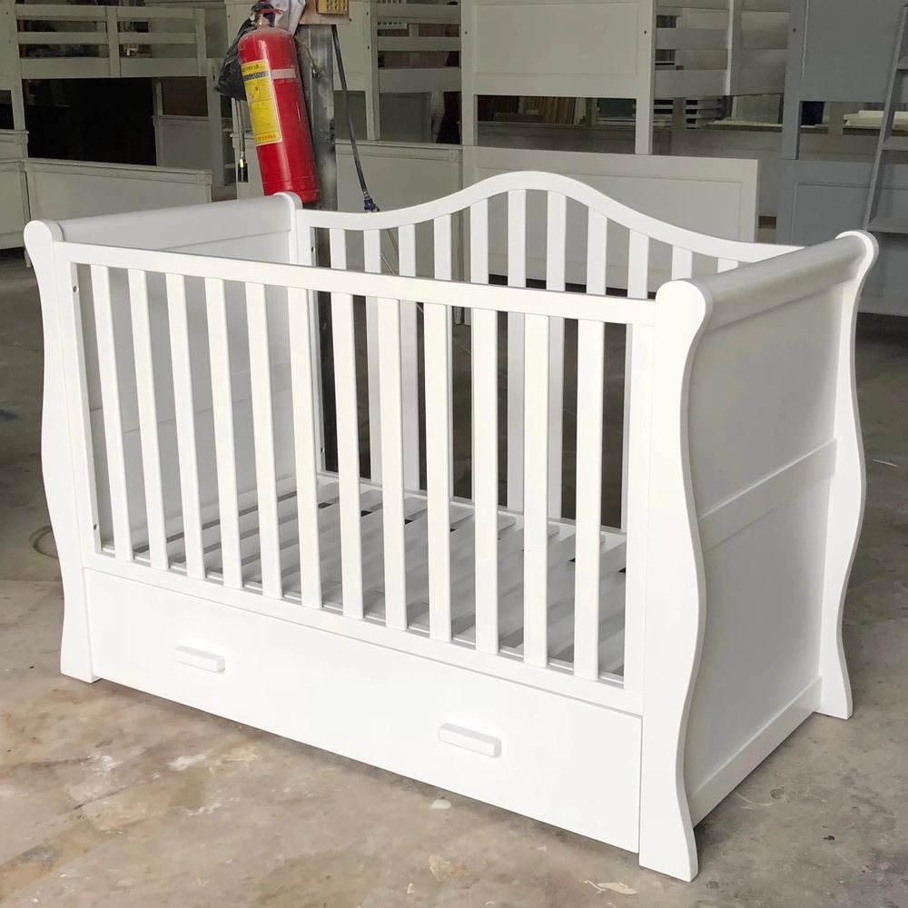 Cũi em bé trắng kiểu xe trượt tuyết có ngăn kéo - Cũi & nôi, tháo rời (KD), Nội thất Tân Phước Việt Nam